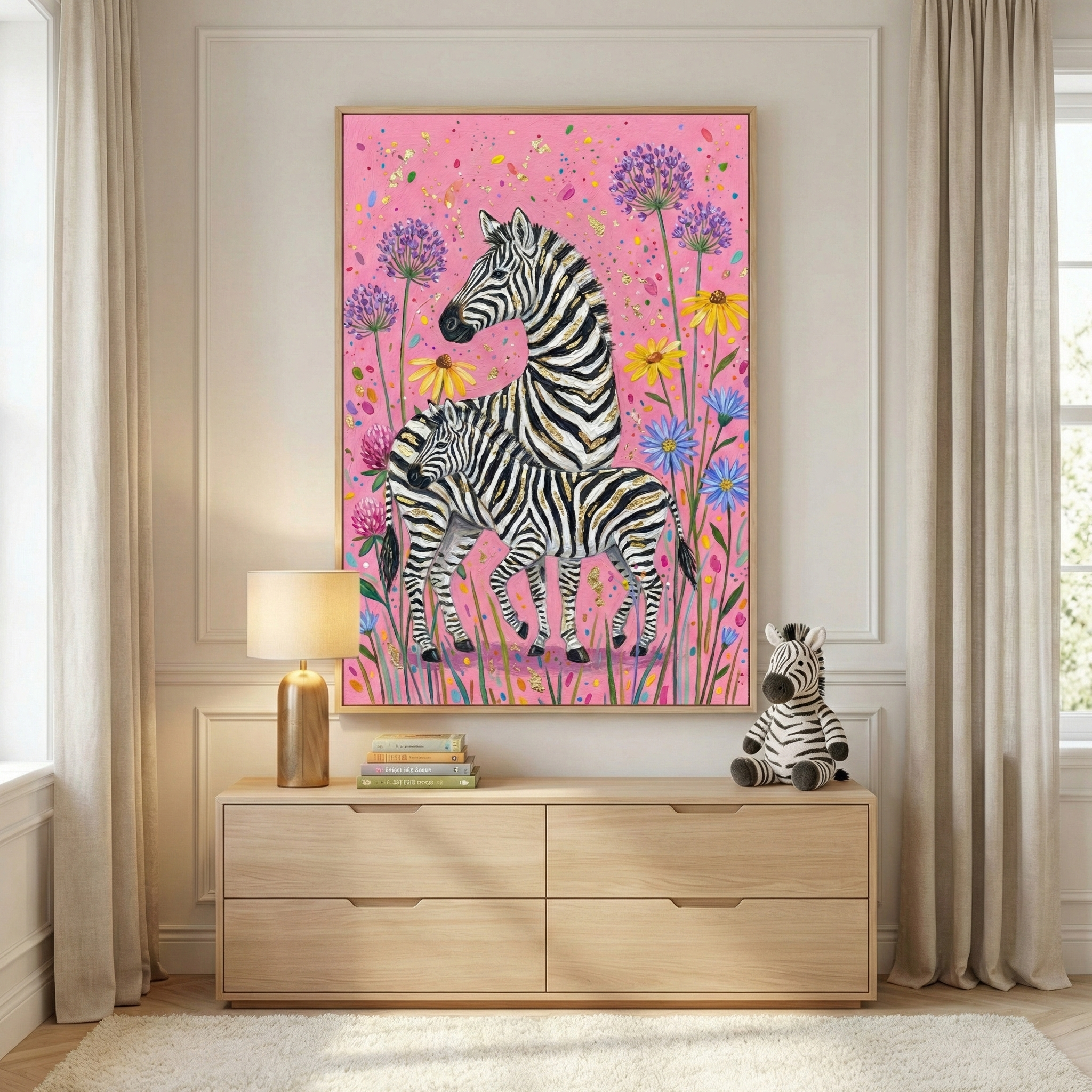 A vibrant, vertical piece of artwork serves as the focal point of this room, featuring a pair of zebras set against a playful pink backdrop filled with colorful floral elements and artistic splatters. The adult zebra and its young foal are depicted with striking black and white stripes, accented with shimmering gold details. They are surrounded by tall, whimsical flowers in shades of purple, yellow, and blue.