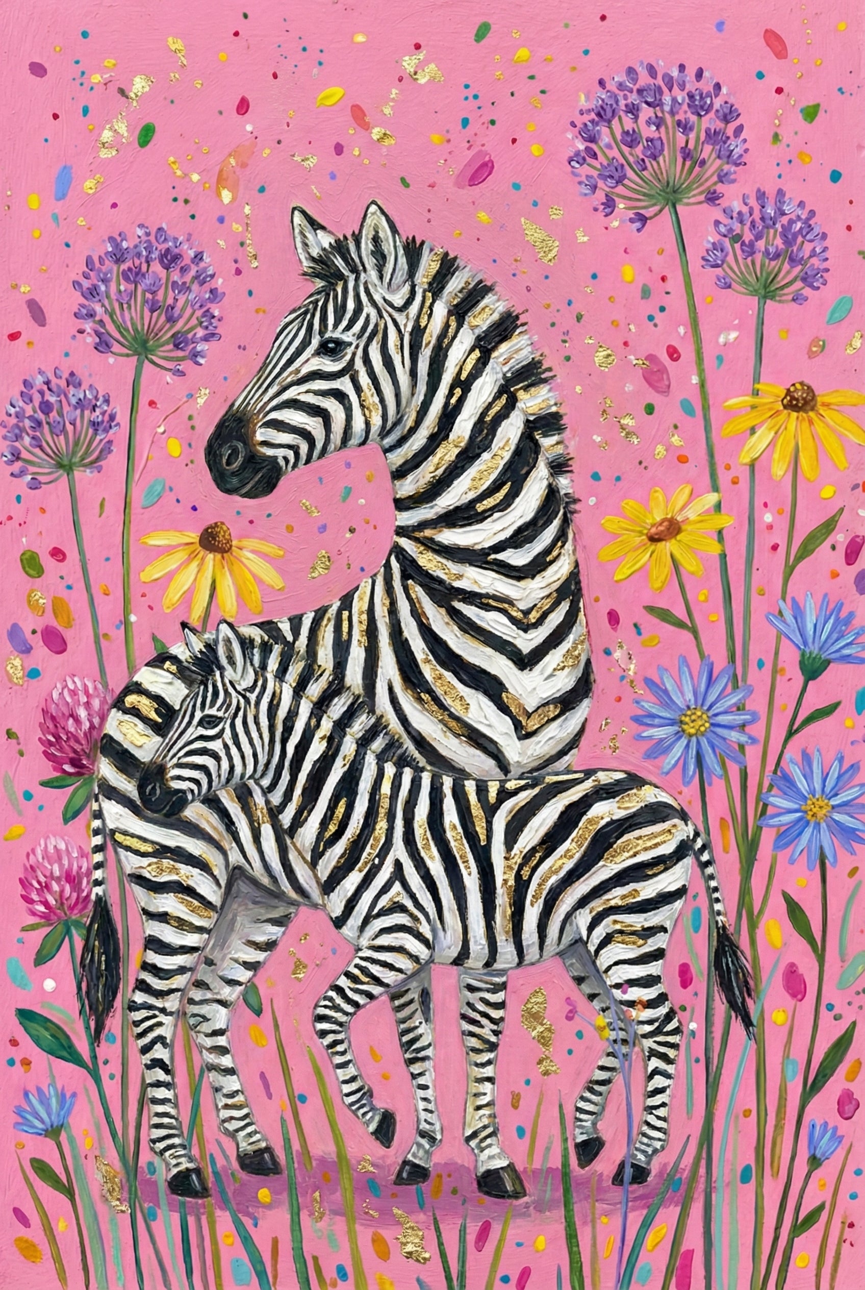 Two zebras stand close together surrounded by tall purple and yellow wildflowers, set against a bright pink background with colorful confetti-like dots and gold leaf.