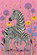 Two zebras stand close together surrounded by tall purple and yellow wildflowers, set against a bright pink background with colorful confetti-like dots and gold leaf.