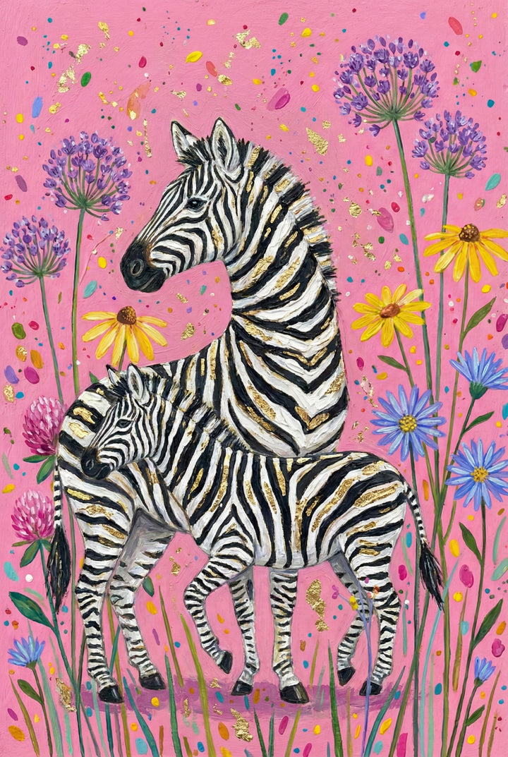 Two zebras stand close together surrounded by tall purple and yellow wildflowers, set against a bright pink background with colorful confetti-like dots and gold leaf.