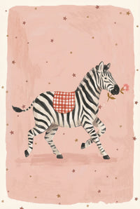 A whimsical illustration of a zebra wearing a red gingham cloth on its back and holding a pink flower in its mouth while walking against a soft pink background with scattered stars.

