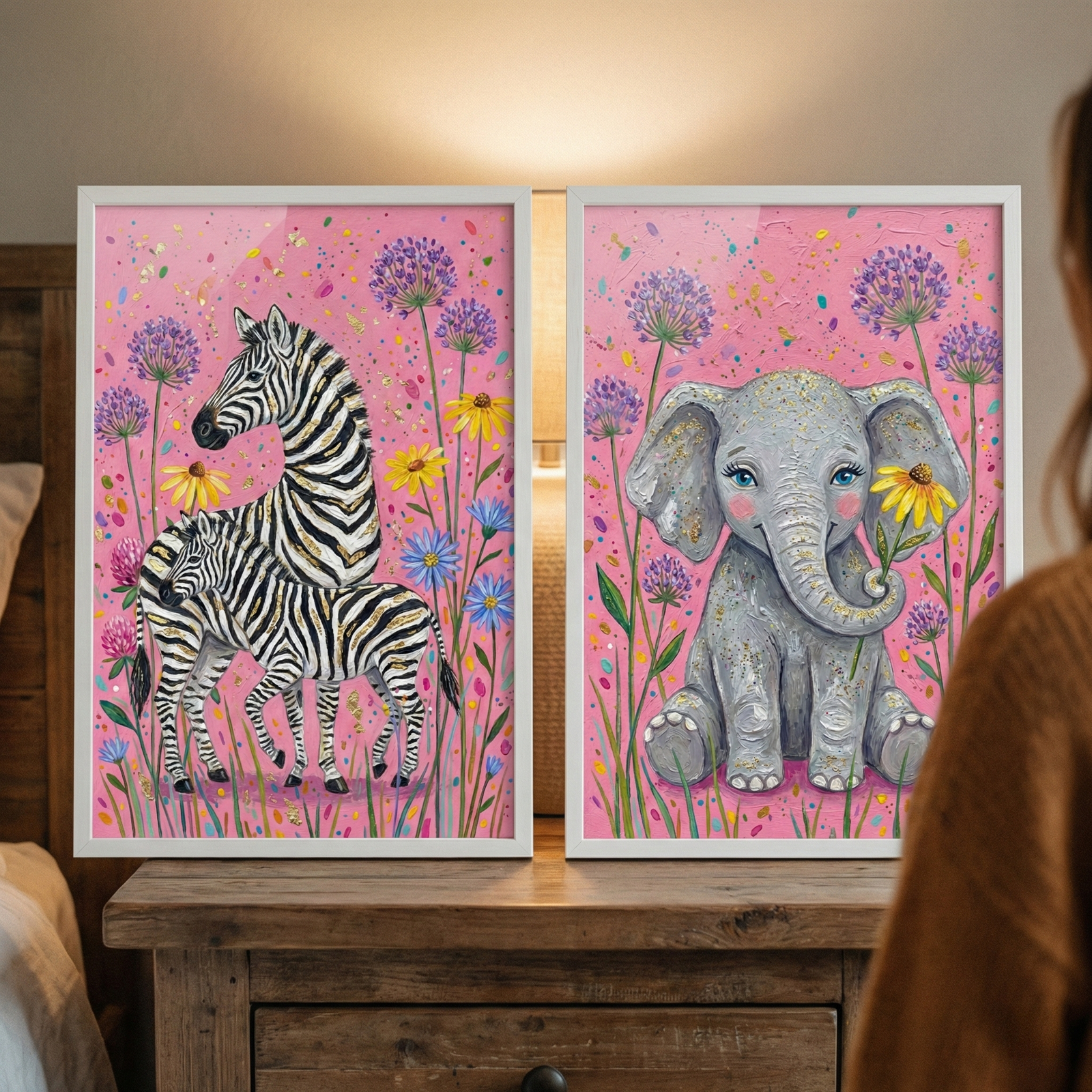 Two framed illustrations of animals sit on a rustic wooden nightstand. The piece on the left features a pair of black and white striped zebras, one larger and one smaller, standing amidst a field of purple, blue, and yellow wildflowers. The background is a bright pink with colorful splattered accents. The piece on the right depicts a cute, wide-eyed grey baby elephant with rosy cheeks, holding a yellow flower in its trunk. It is surrounded by similar wildflowers against a matching pink background. 