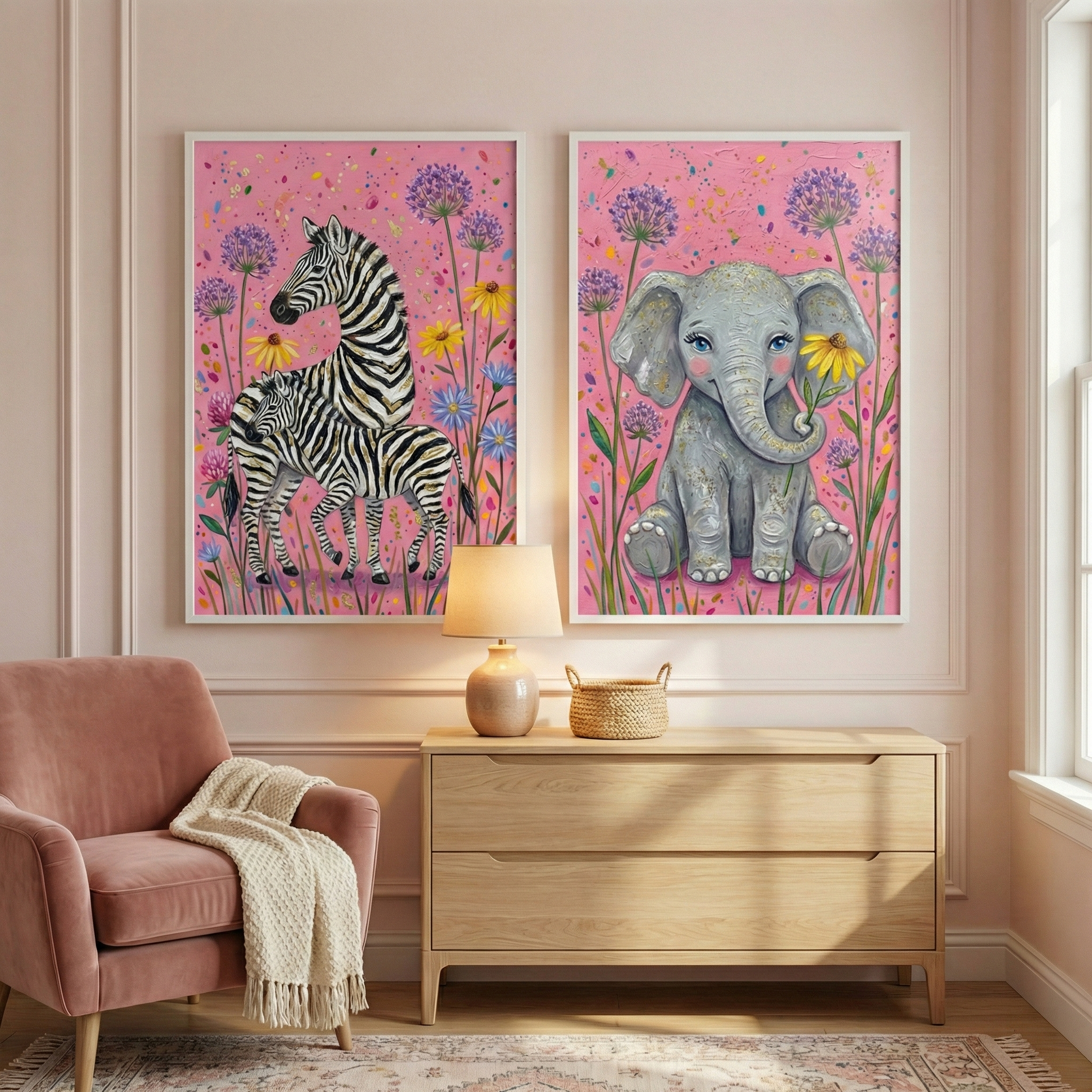 Pink Safari Kids Room Wall Art Set of 2 - Whimsical Wild Friends