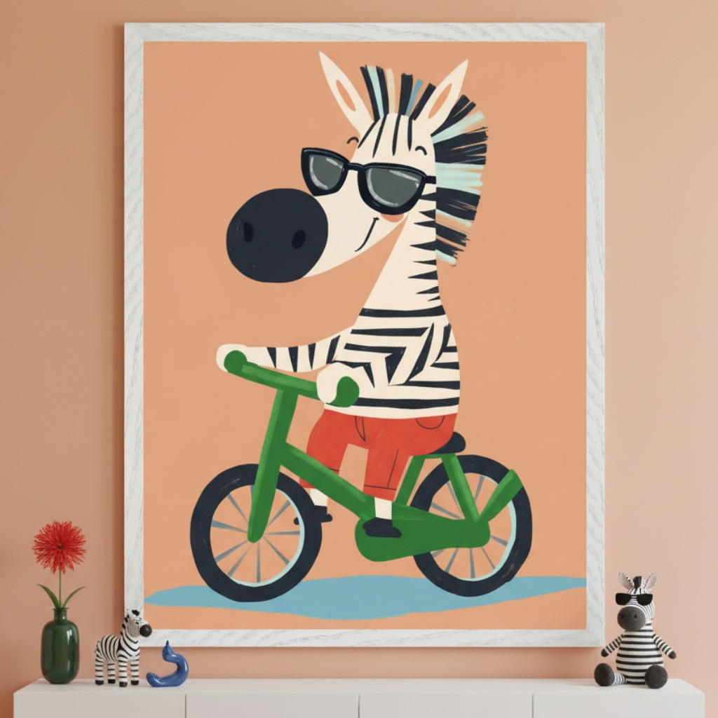Kid's room with a white dresser. A large framed print of a cartoon zebra in sunglasses riding a green bicycle on a peach background hangs above the dresser. A red flower in a green vase, a small zebra figurine, a blue figurine, and a plush zebra toy are on the dresser.