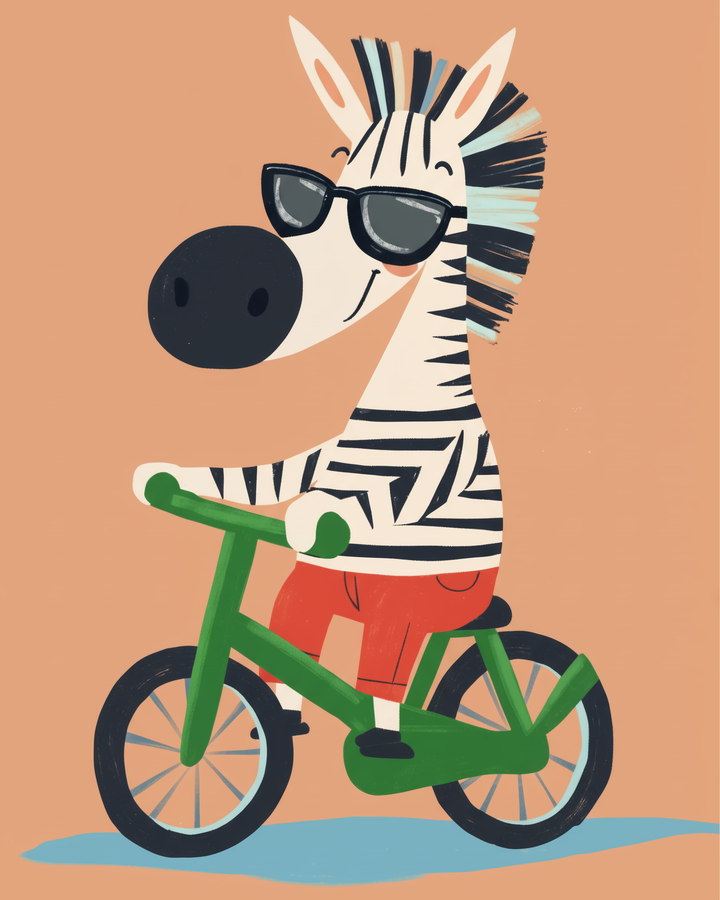 A whimsical zebra wearing sunglasses and red pants rides a green bicycle against a peach background, exuding a playful and carefree vibe.