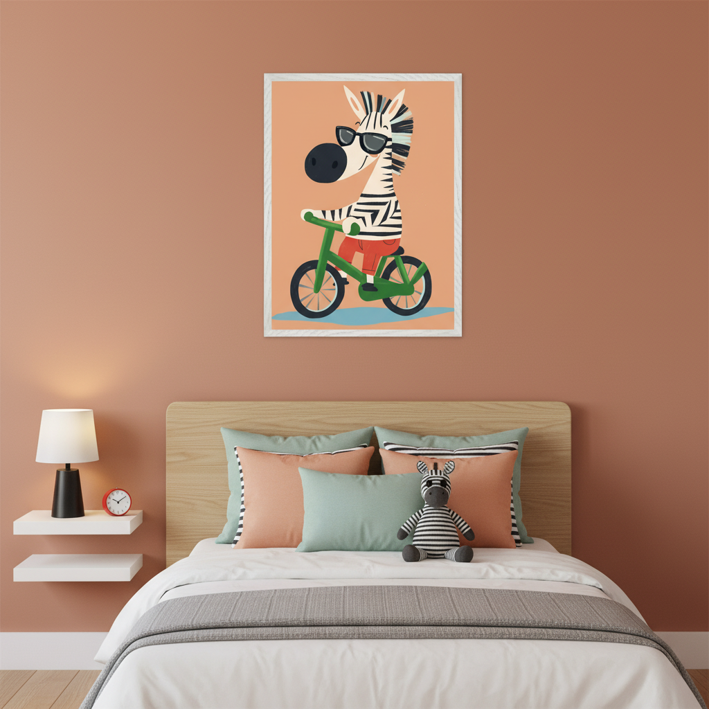 Kid's bedroom with an orange wall. A bed with a wood headboard, pillows, and zebra plush. Floating shelves with a lamp and clock. Above the bed, a framed print shows a cartoon zebra with sunglasses riding a green bicycle.