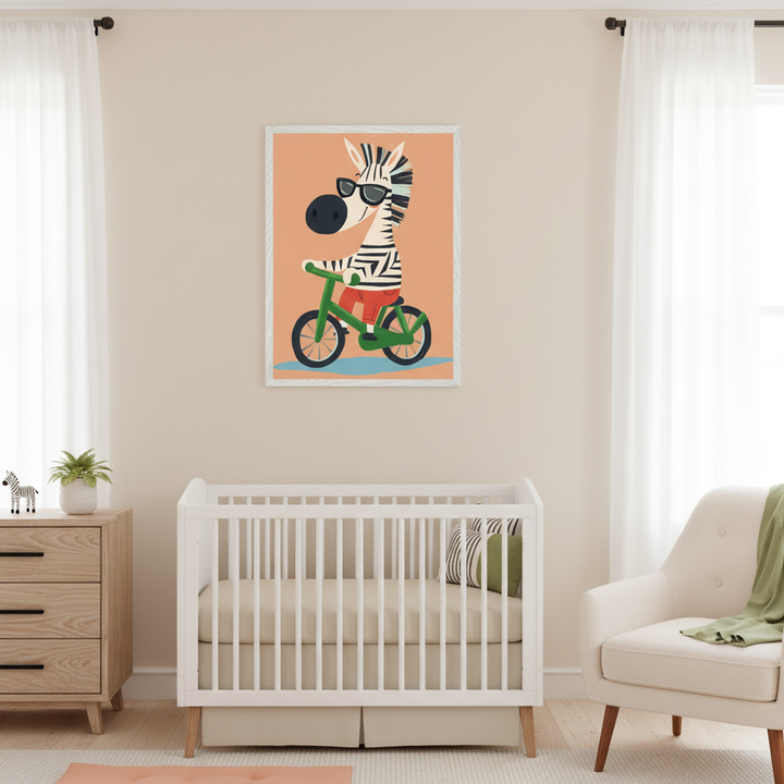 Modern nursery with a white crib, a wooden dresser on the left, and a cream armchair on the right. A large framed cartoon print of a zebra in sunglasses riding a green bicycle hangs above the crib on a peach background.