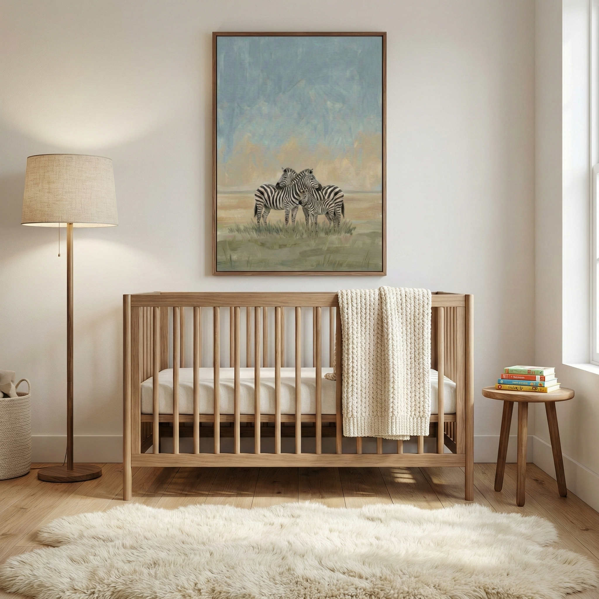 A peaceful, minimalist baby nursery. In the center is a light-toned wooden crib with a white mattress and a thick, cream-colored chunky-knit blanket draped over its side. Above the crib hangs a large, vertically-framed piece of art depicting two zebras standing closely together in a soft-toned grassy landscape under a hazy, blended sky of blue and tan hues. 