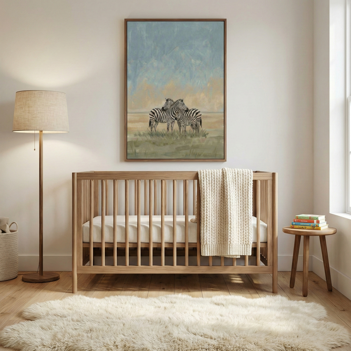 A peaceful, minimalist baby nursery. In the center is a light-toned wooden crib with a white mattress and a thick, cream-colored chunky-knit blanket draped over its side. Above the crib hangs a large, vertically-framed piece of art depicting two zebras standing closely together in a soft-toned grassy landscape under a hazy, blended sky of blue and tan hues. 