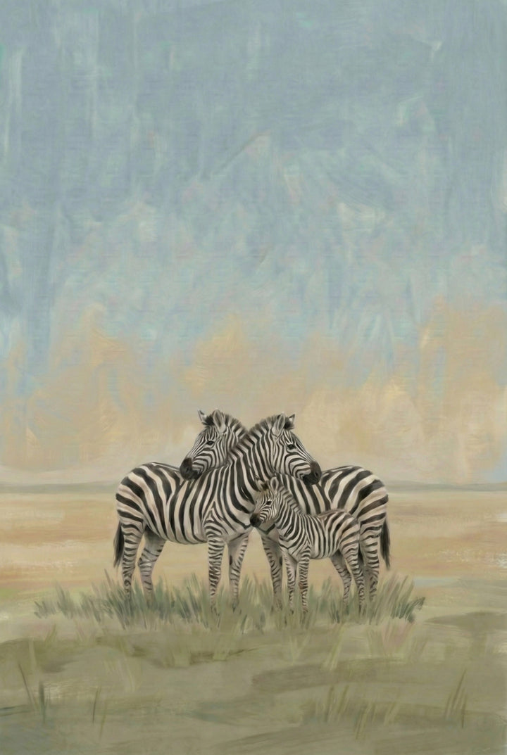 Illustration of two adult zebras nuzzling affectionately with a zebra foal between them, surrounded by sparse grass on a muted desert-like plain.