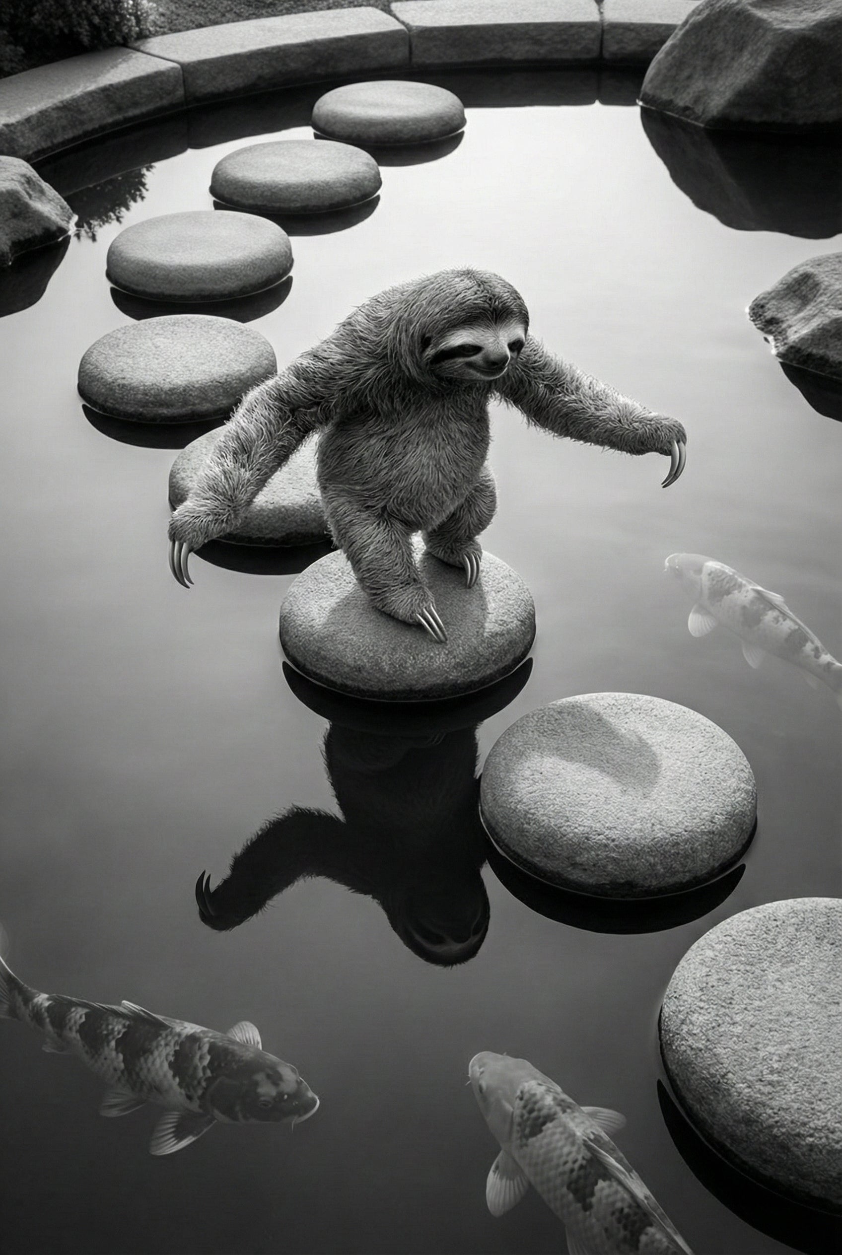 A black and white image features a sloth standing on its hind legs, balancing on a round stepping stone in the middle of a calm pond. Its long-clawed arms are extended outward to help it stay upright. In the dark, still water, several large fish with intricate patterns swim around the stones. The sloth’s reflection is perfectly captured on the water’s surface, adding to the whimsical and quiet nature of the scene.