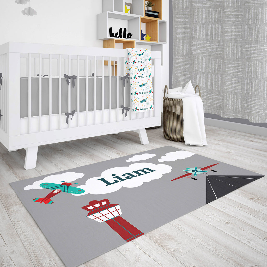 Personalized Airplane Area Rug for Nurseries and Kid's Rooms - Snuggly Landing