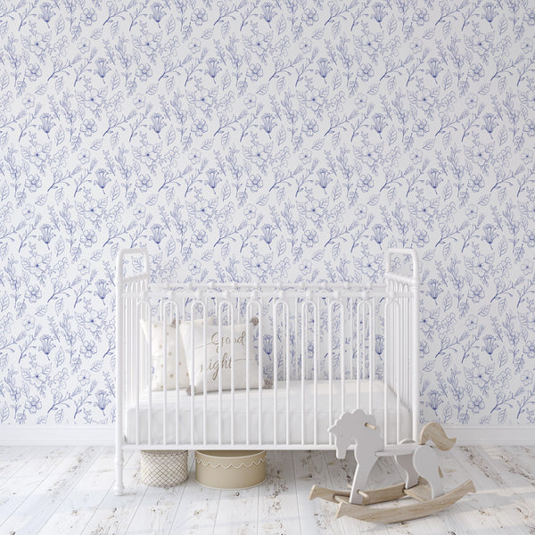 Blue Floral Peel and Stick or Traditional Wallpaper - Blue Blossoms