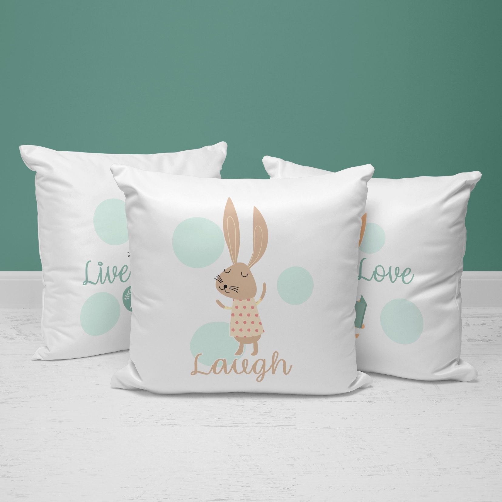 Bunny Throw Pillows | Set of 3 |  Live, Laugh, Love | For Nurseries & Kid's Rooms