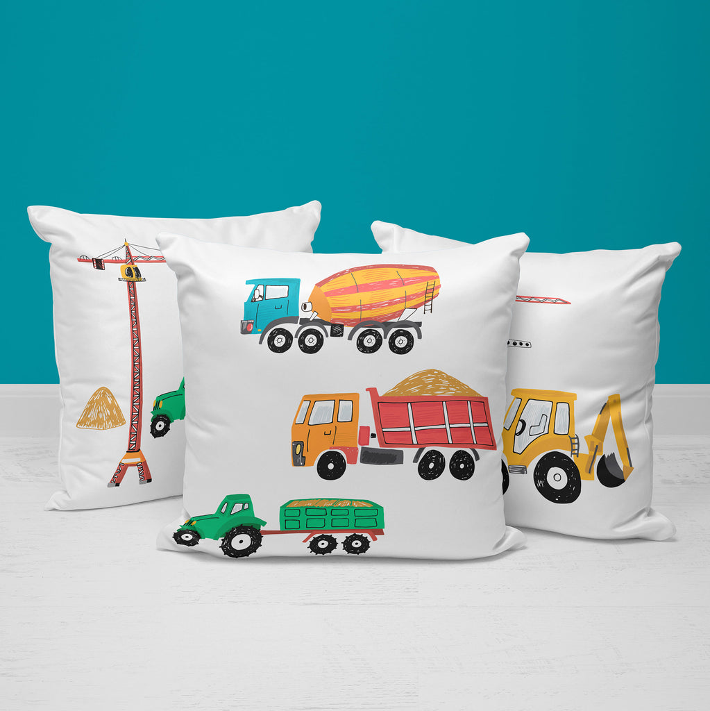 Construction Throw Pillows | Set of 3 | Collection: Powerful Builds | For Nurseries & Kid's Rooms