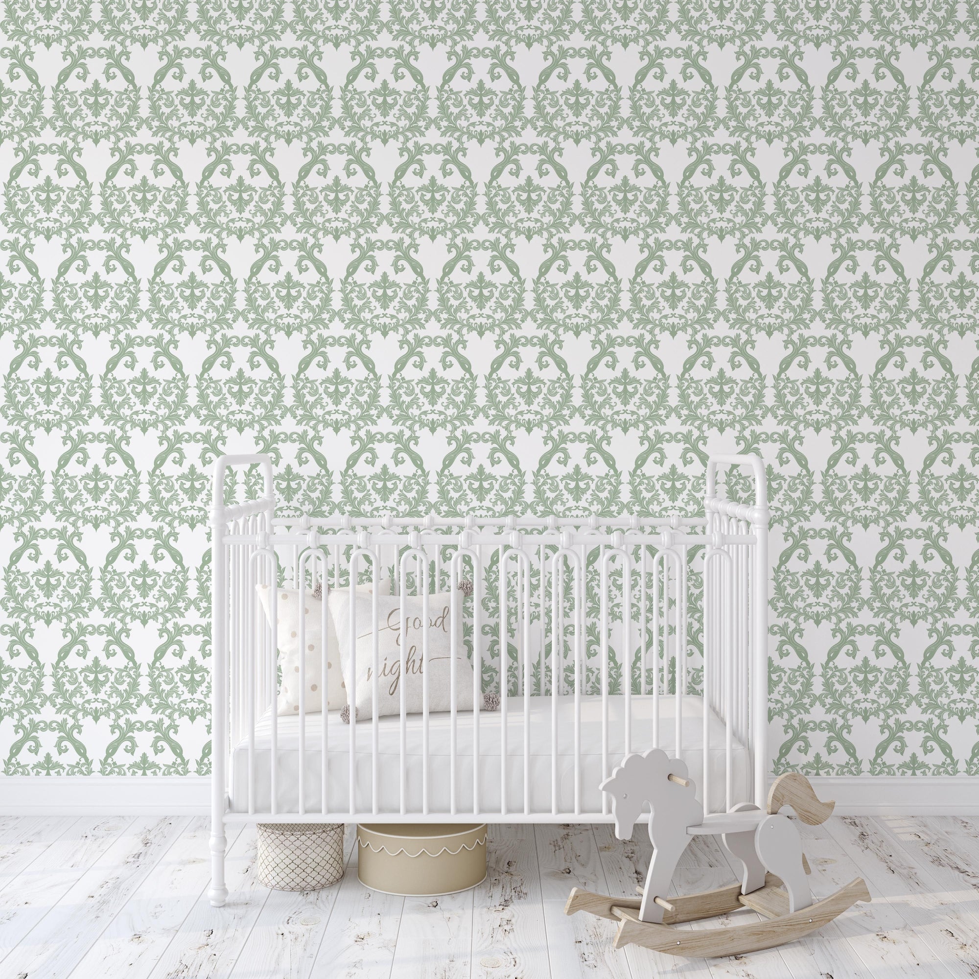 Floral Wallpaper Peel and Stick or Traditional - Green and White Damask