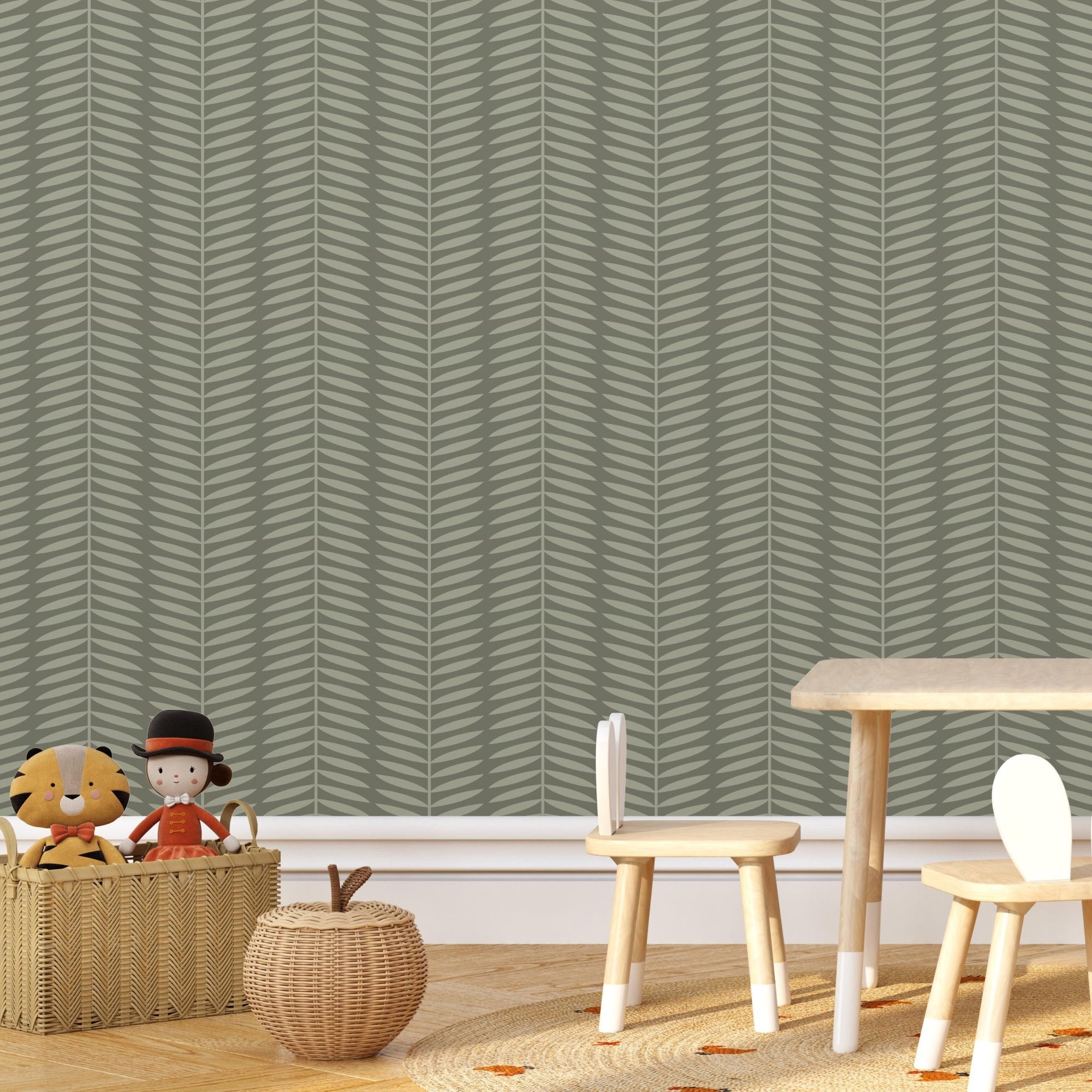 Boho Themed Nursery Wallpaper and Kids Room Wallpaper - Leafy Sage