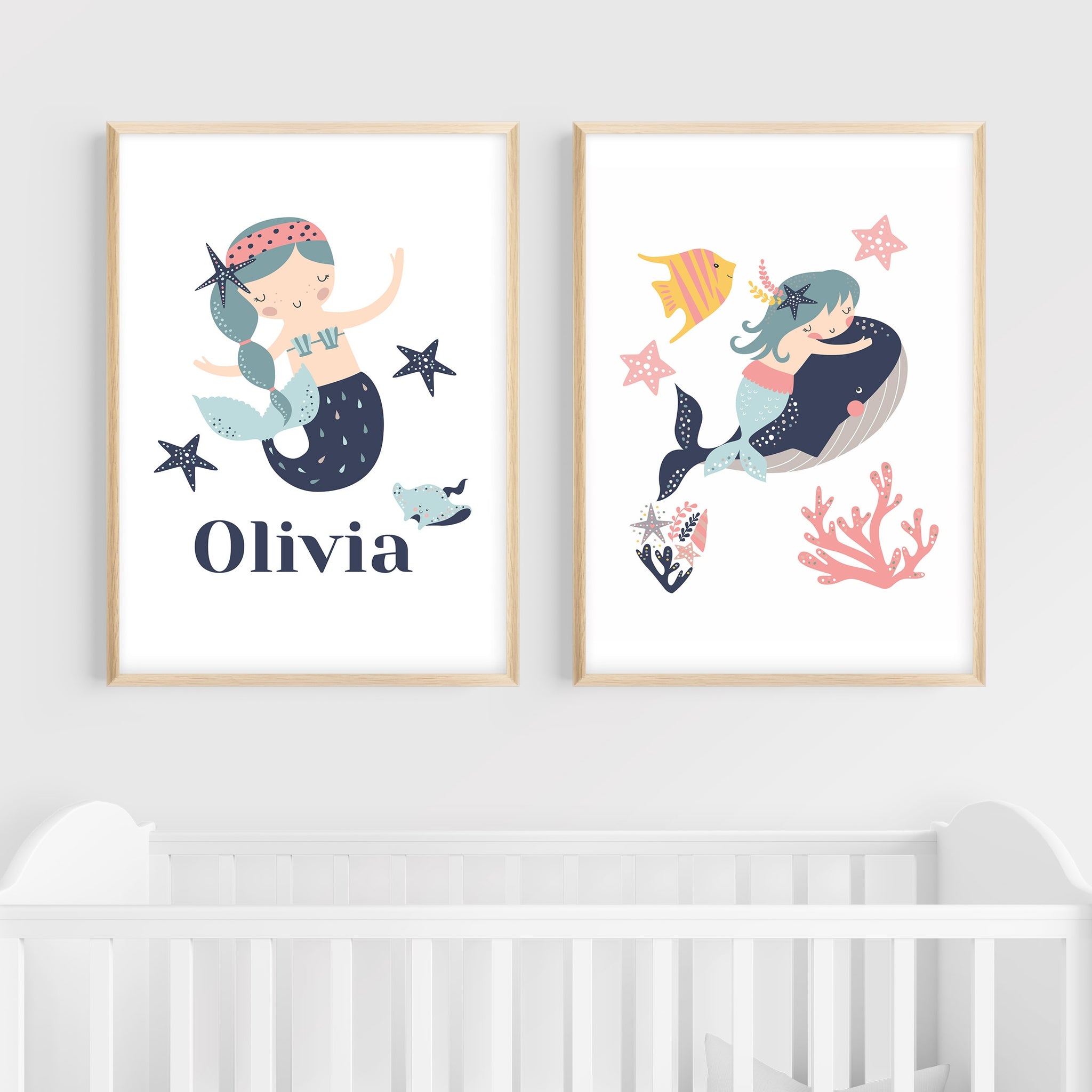 Personalized Mermaid Wall Art | Set of 2 | Collection: Sun-kissed | For Nurseries & Kid's Rooms