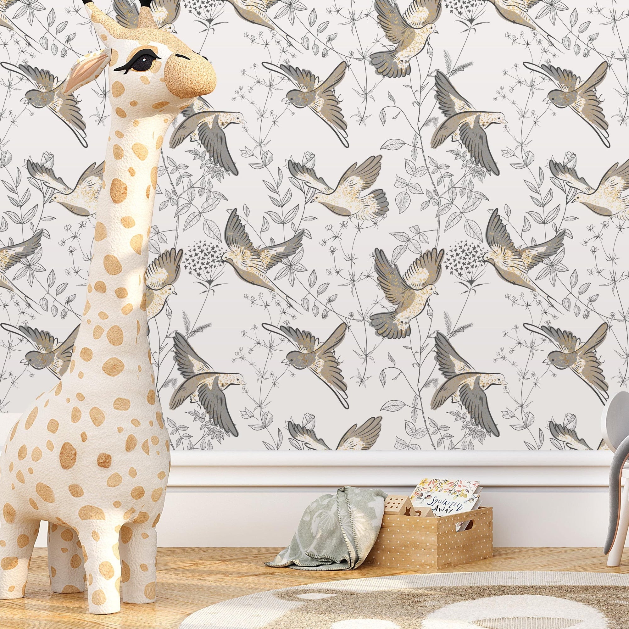 Bird Theme Nursery Wallpaper - Nesting Sparrows