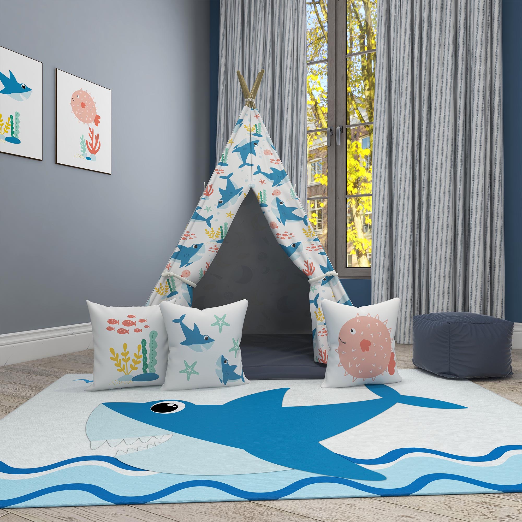 Kids Teepee, Shark Decor Themed Room -  Shark Rush Collection