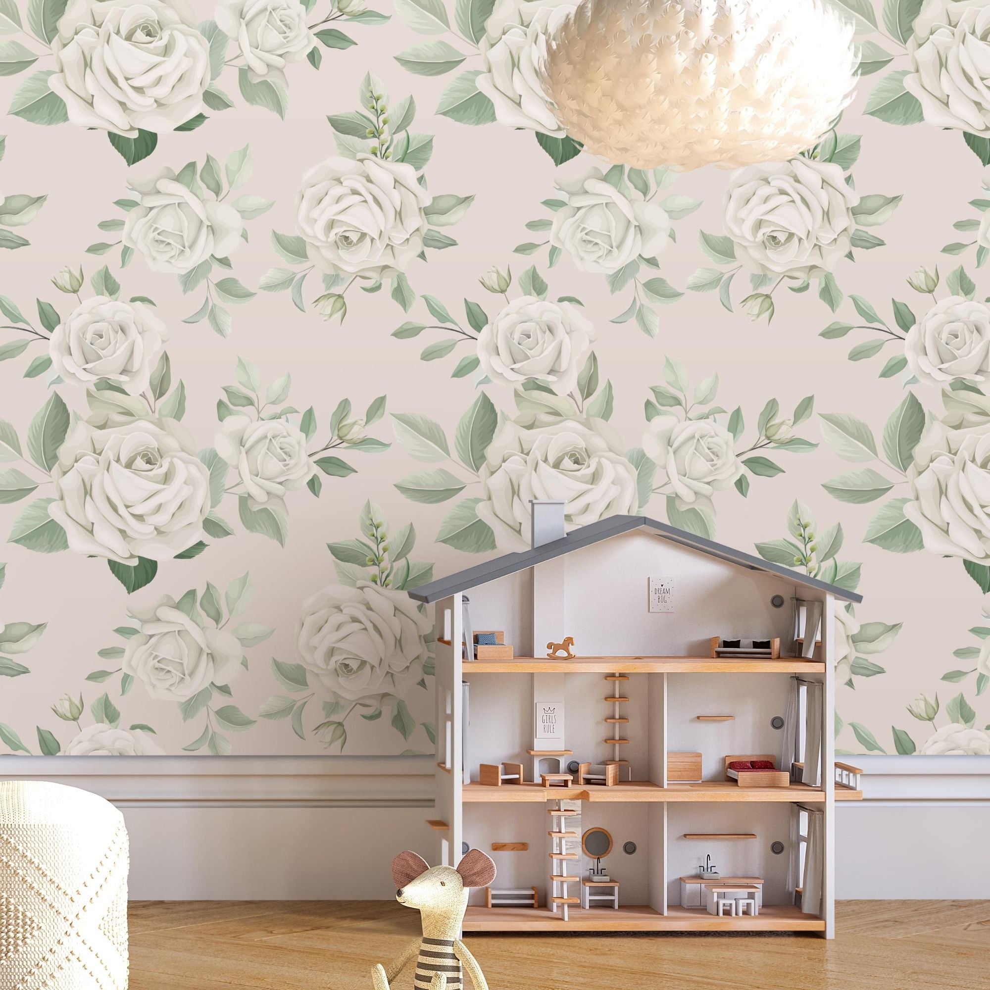 Floral Wallpaper Peel and Stick or Traditional - White Roses