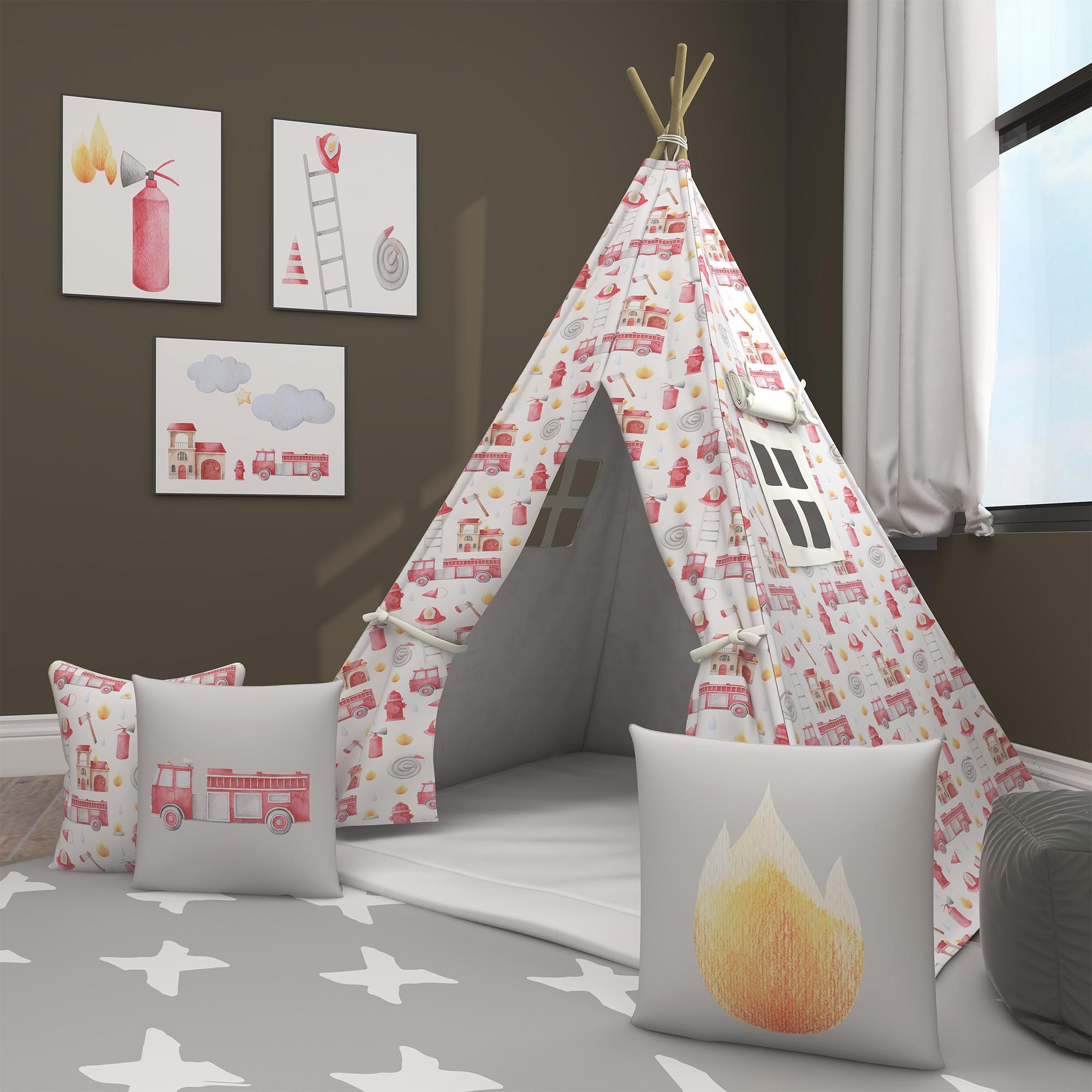 Kids Teepee, Firefighter Decor Themed Room -  Fire Brigade Collection