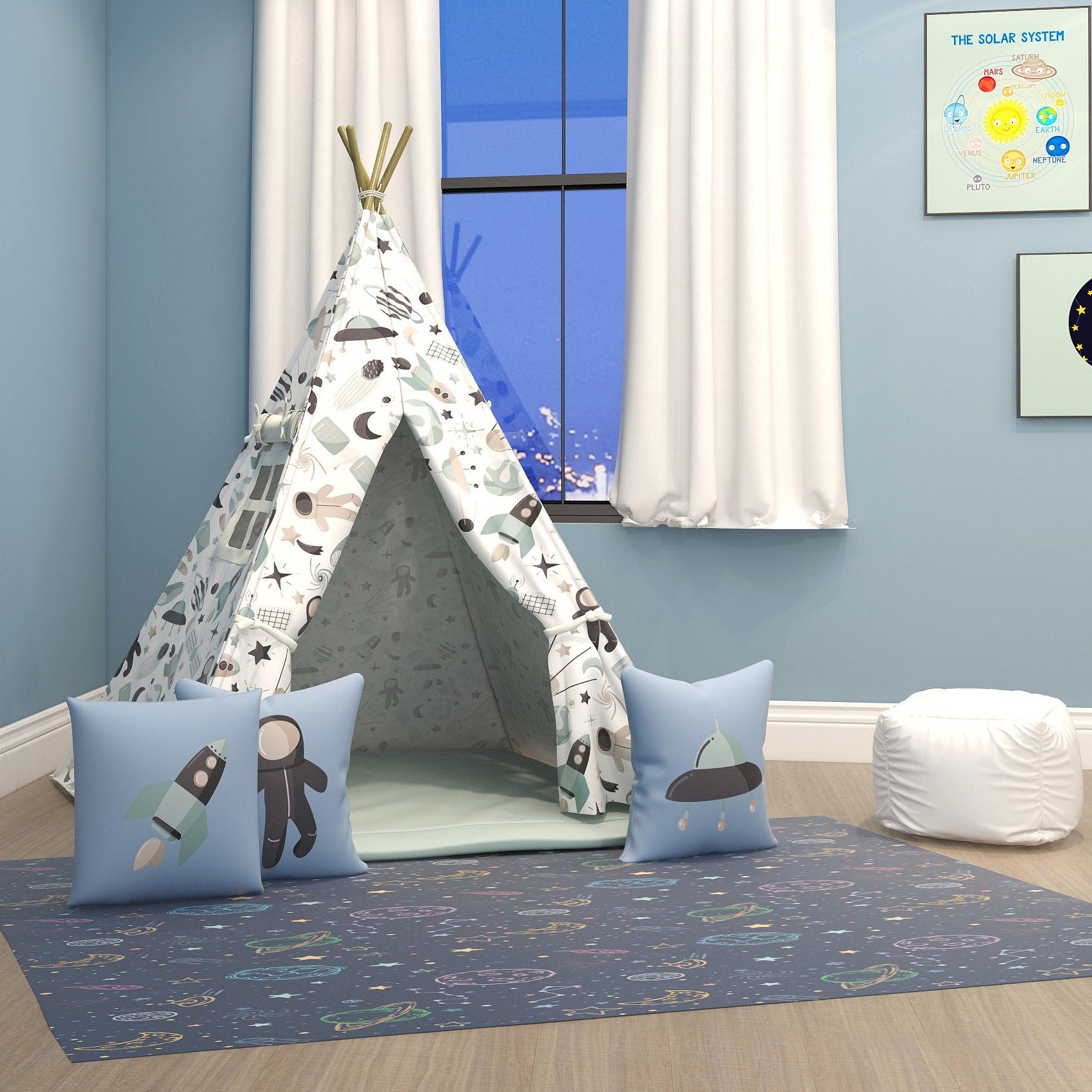 Kids Teepee, Space Decor Themed Room - Launch To Space Collection