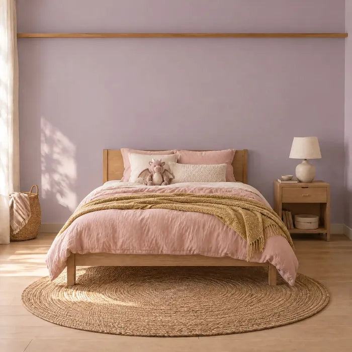 Fantasy kids' room with framed fairy, dragon and fairy prints above the bed