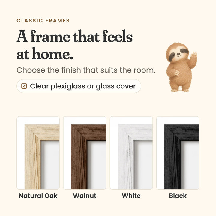 Classic frames in natural oak, walnut, white, black
