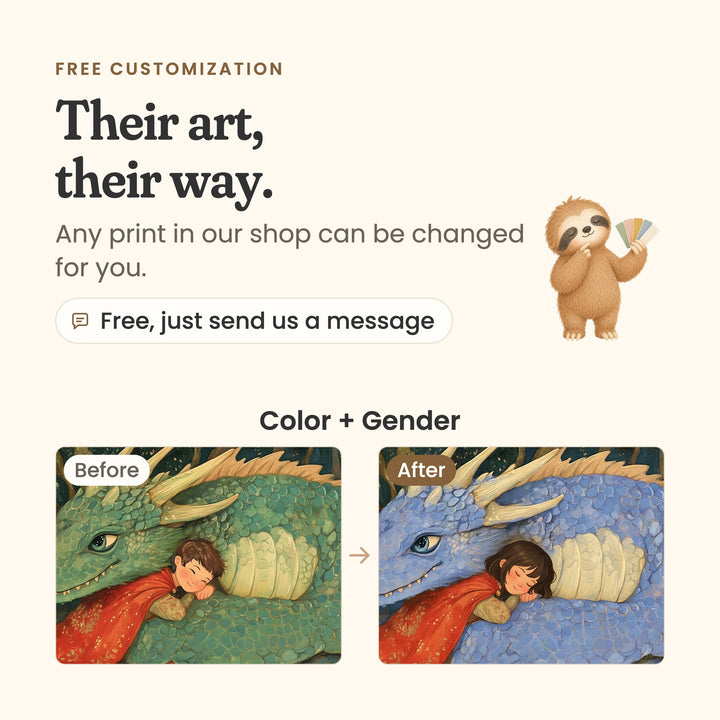 Free customization on any print: the sleeping boy on a green dragon changed to a girl on a blue dragon